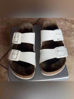 Birkenstock | White Leather Two Strap Slip On Sandals Women 7